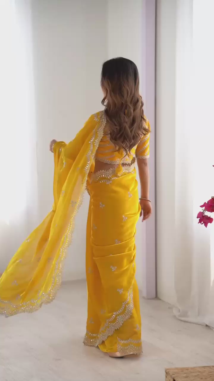 Wedding Wear Yellow Color Jimmy Chu Saree For Girls