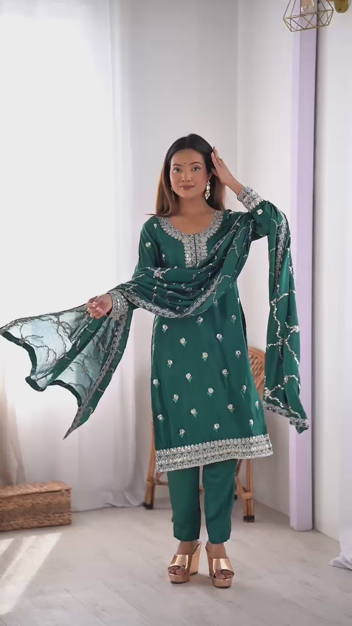 Wedding Wear Green Color Chinon Silk Kurti For Girls
