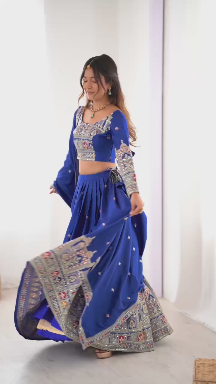 Wedding Wear Blue Color Natural Crep Silk Lehenga For Bride