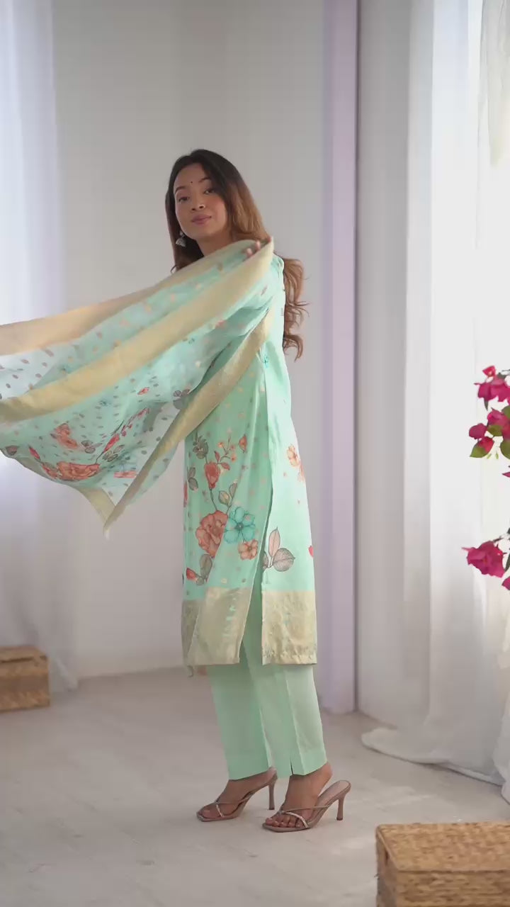 Party Wear Sky Blue Color Chanderi Silk Kurti  For Girls