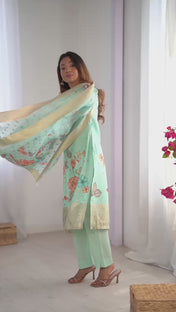Party Wear Sky Blue Color Chanderi Silk Kurti  For Girls
