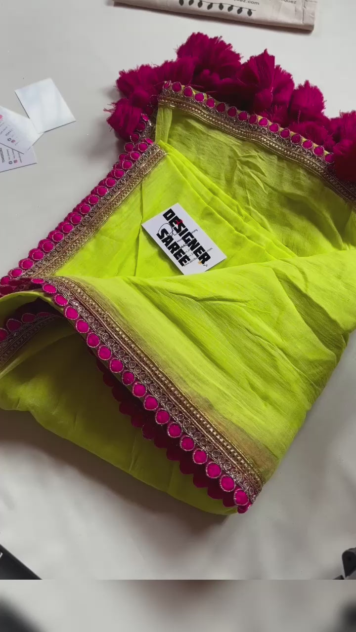 Party Wear Parrot Green Color Mul Cotton Saree For Girls
