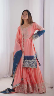 Wedding Wear Multi Color Chinon Silk Sharara For Girls