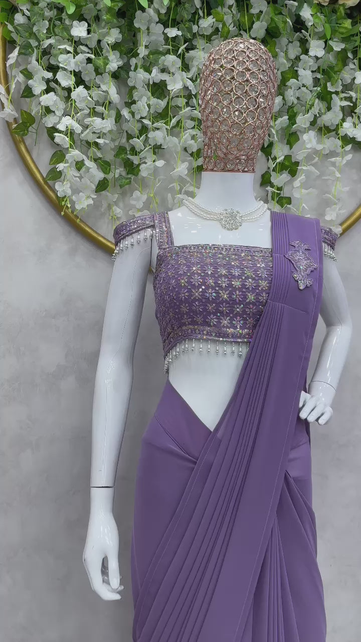 Party Wear Purple Color Foux Gorgette Saree for girls