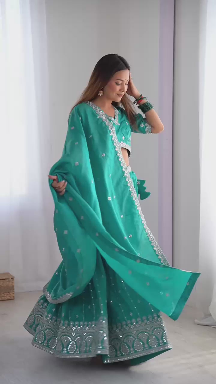 Wedding Wear Sky Blue Color Shimmer Silk Lehenga For Girls