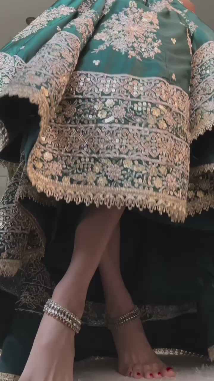 Wedding Wear Green Color Japan Jastin Lehenga For Girls