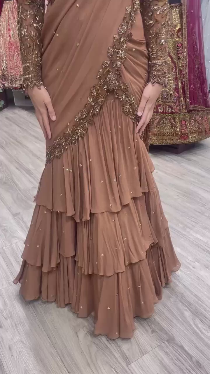 Wedding Wear Beige Color Faux Georgette Saree For Girls