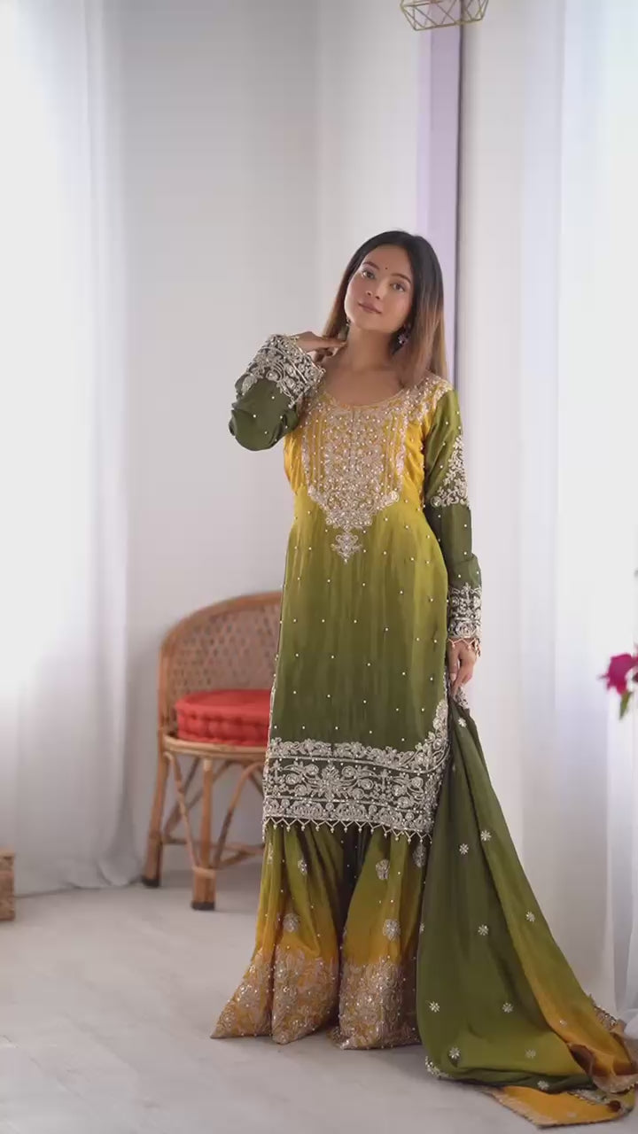 Wedding Wear Multi Color Chinon Silk Sharara For Girls