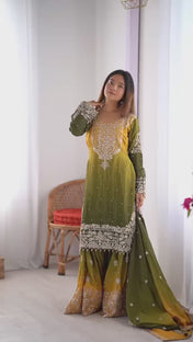 Wedding Wear Multi Color Chinon Silk Sharara For Girls