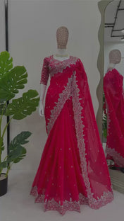 Party Wear Pink Color Havy Tibby Silk Saree For Girls