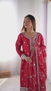 Wedding Wear Red Color Chinon Silk Kurti For Girls