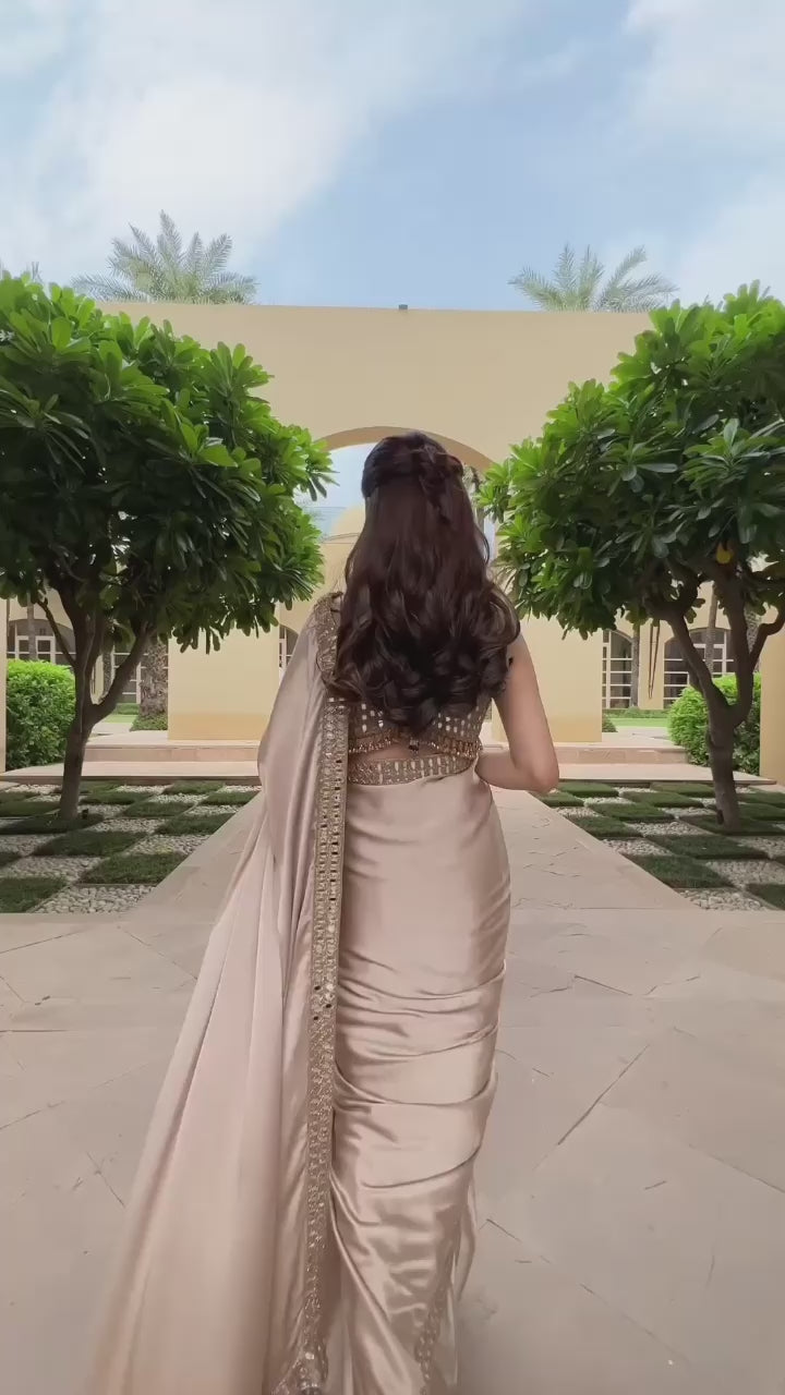 Party Wear Cream Color Japan Satin Silk Saree For Girls