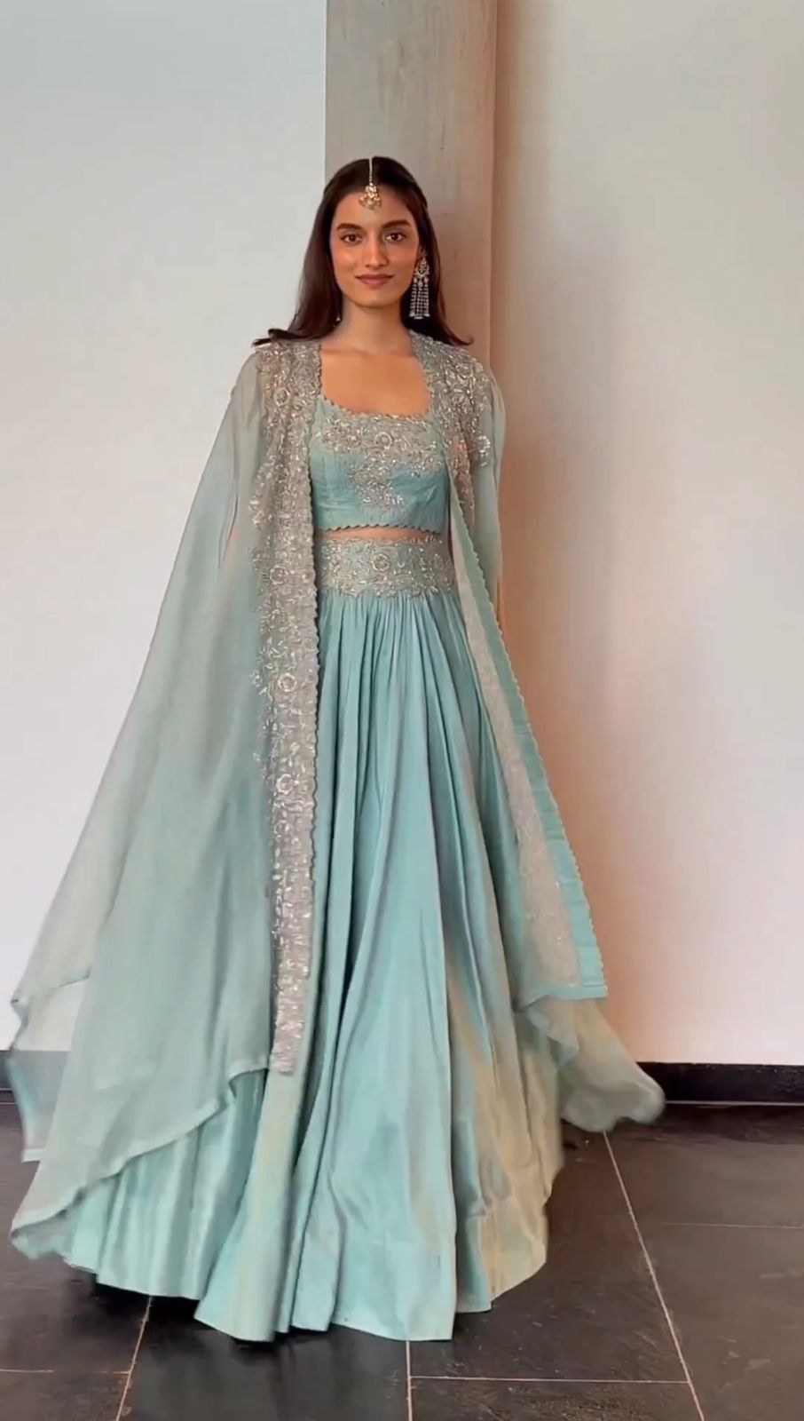 Wedding Wear Sky Blue Color Chinon Silk Lehenga For Girls